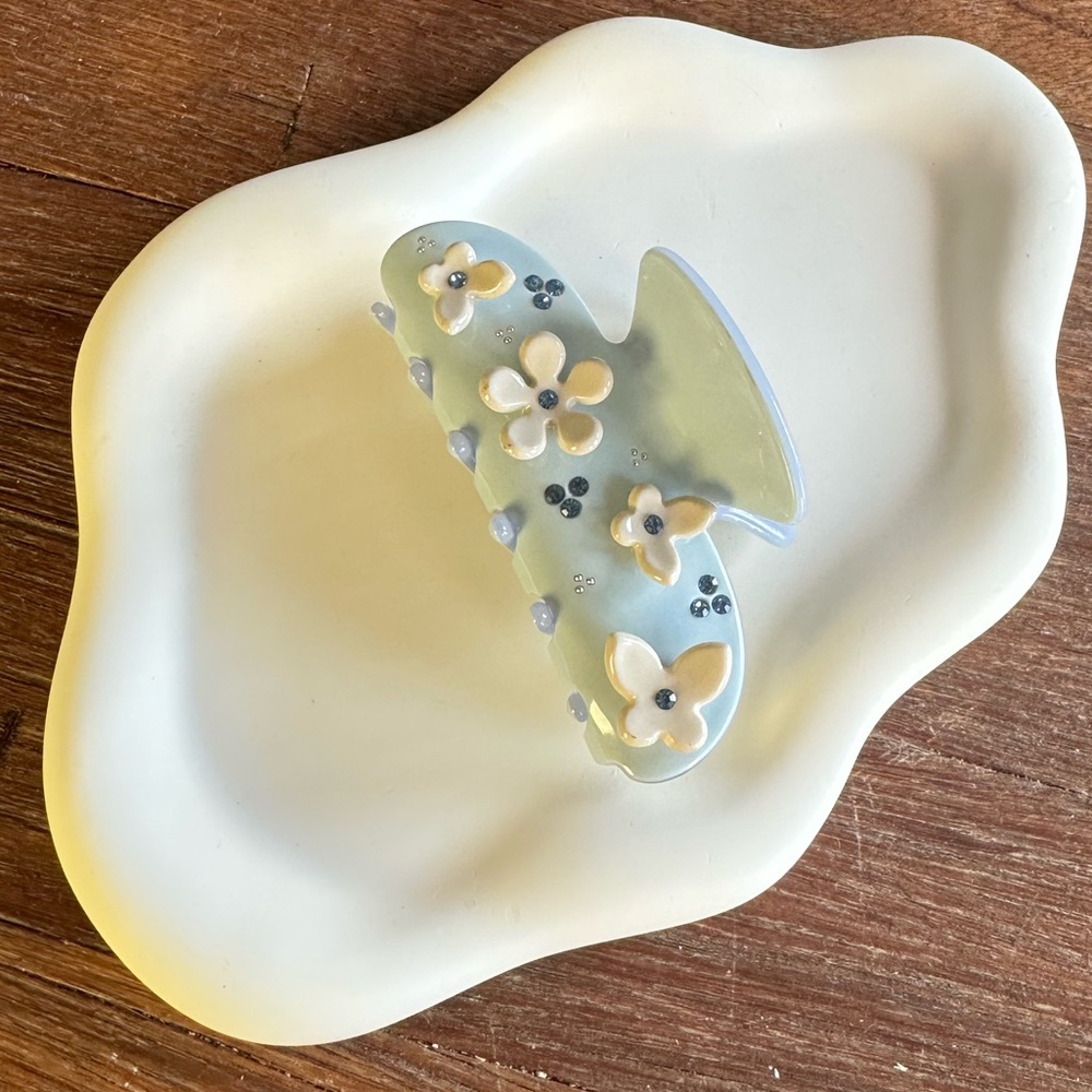 Dusty Blue Hair Claw Clip Cream Floral Rhinestone Coastal Clean Girl Aesthetic